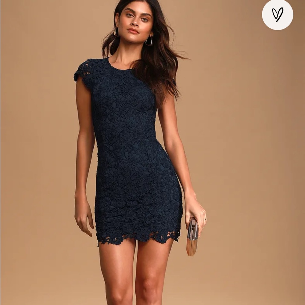 LuLu’s Romance Language Navy Blue Backless Lace Dress